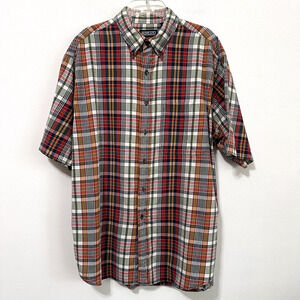 Lands End Mens Short Sleeve Plaid Button Front Shirt L 16-16.5 Pocket Casual